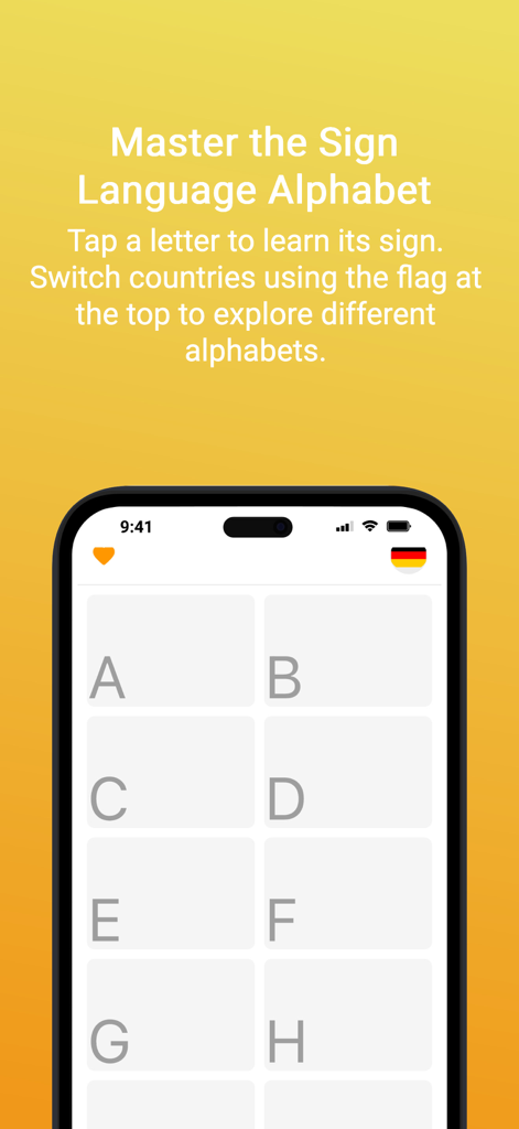 Tela de um aplicativo móvel mostrando uma grade de letras de A a H para aprender o alfabeto da língua de sinais com instruções para trocar de país.