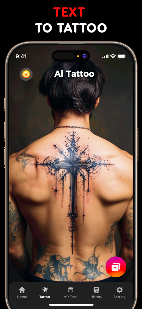 Design de tatuagem de cruz gerado por IA nas costas na interface do aplicativo de tatuagem