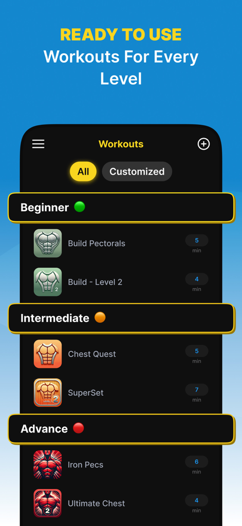 Chestify - AI Fitness Workout - Chestify app interface showing chest workout plans for beginner intermediate and advanced levels.