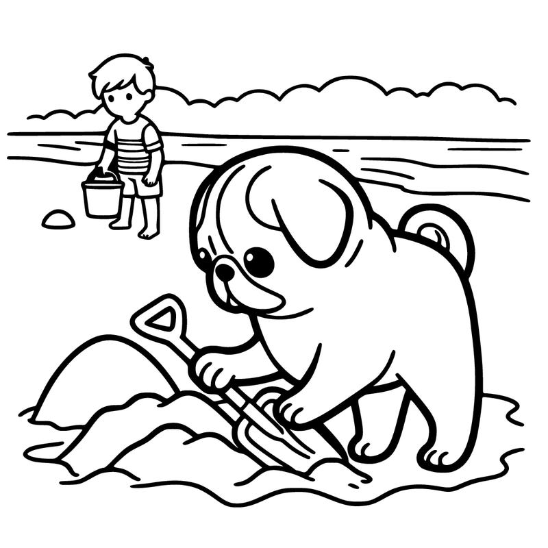a pug with a shovel trying to dig through the sand in a beach (boy)
