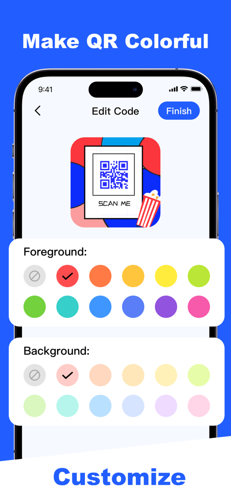 Speed Scanner - QR Barcode App - Mobile app interface showing color selection options for customizing the foreground and background of a QR code