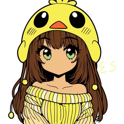 anime girl with chick shaped hat with sweater with bare shoulders with bangs covering them one eye with low tail