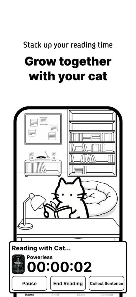 Interface of the Cat's Library app showing a reading timer for the book Powerless and a cozy illustration of a cat reading at a desk.