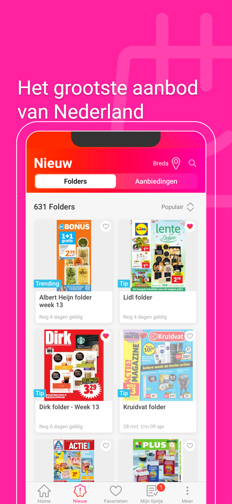 Folderz mobile app screen showing digital shopping flyers from various retailers like Albert Heijn and Lidl