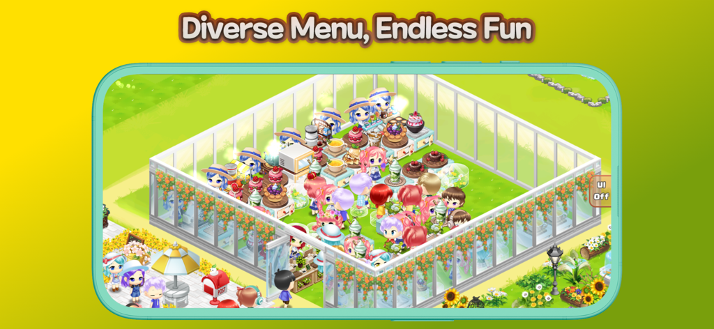 Hello Coffee Shop - A busy greenhouse cafe scene in Hello Coffee Shop with cute characters and diverse desserts