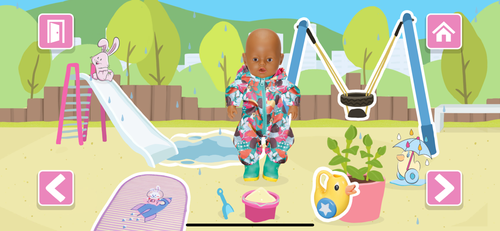BABY born® - A BABY born doll standing in a digital playground with a slide, swing, and sandbox.