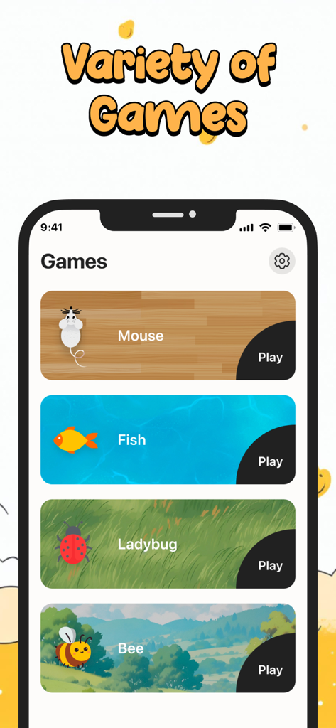 Cat Translator: Human to Cat. - Screenshot del menu Giochi nell'app Cat Translator che mostra un elenco di giochi interattivi per gatti tra cui Mouse Fish e Ladybug