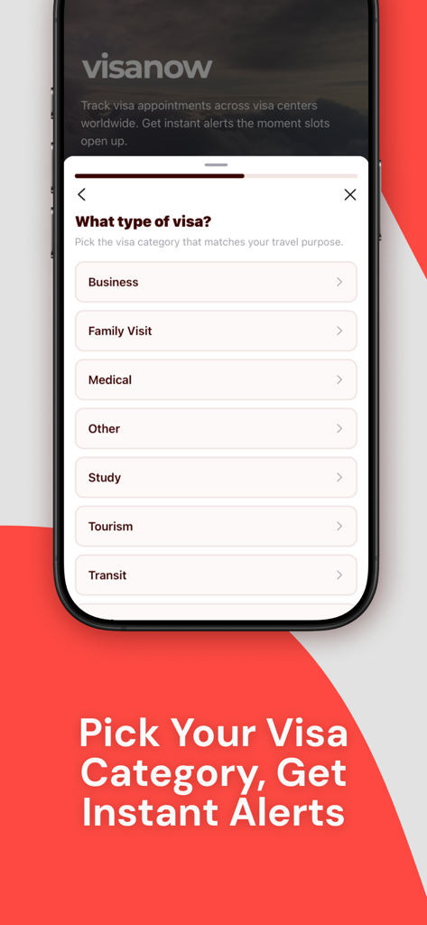 VisaNow: Find Visa Appointment - VisaNow app interface for selecting visa categories to receive appointment alerts