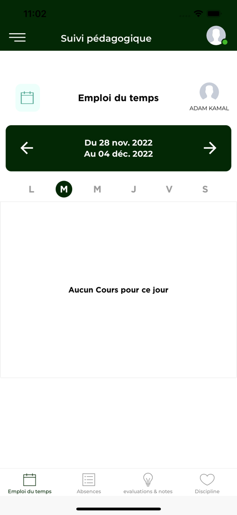 Newton - Al Karaouiyine - Aplicativo Newton Al Karaouiyine mostrando o horário do aluno e acompanhamento pedagógico