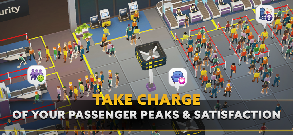 Top down 3D gameplay showing passengers queuing at airport check-in counters with satisfaction icons