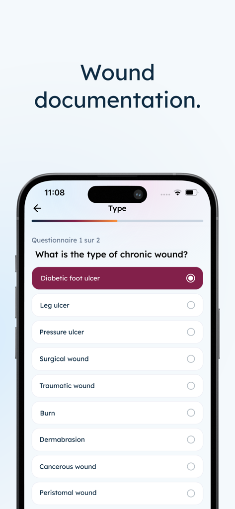 Pixacare - Pixacare mobile app interface for selecting the type of chronic wound during medical documentation