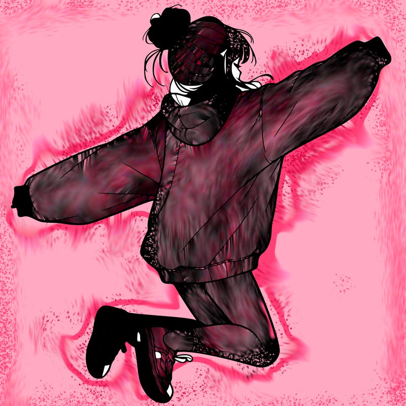 realistic girl jumping with a bun and oversized sweatshirt