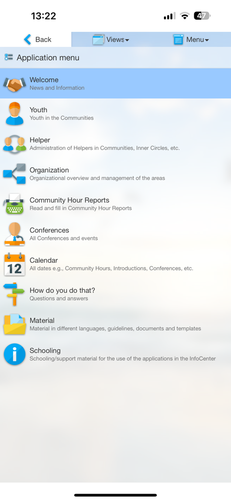 BGF InfoCenter - BGF InfoCenter application menu showing community sections like news, youth, helper resources, and calendar