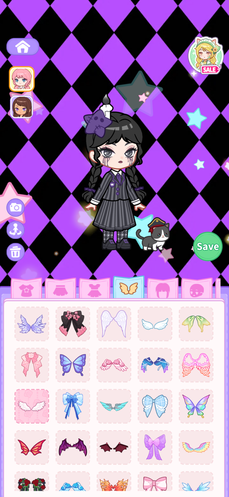 Gothic character customization in Pocket Life Decor Happy Room with various wing and bow accessories.