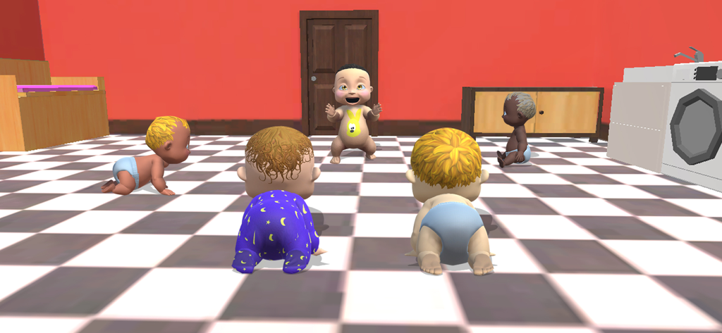 Animated babies crawling on a black and white checkered floor in a nursery setting