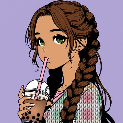 realistic girl with braided hair drinking boba