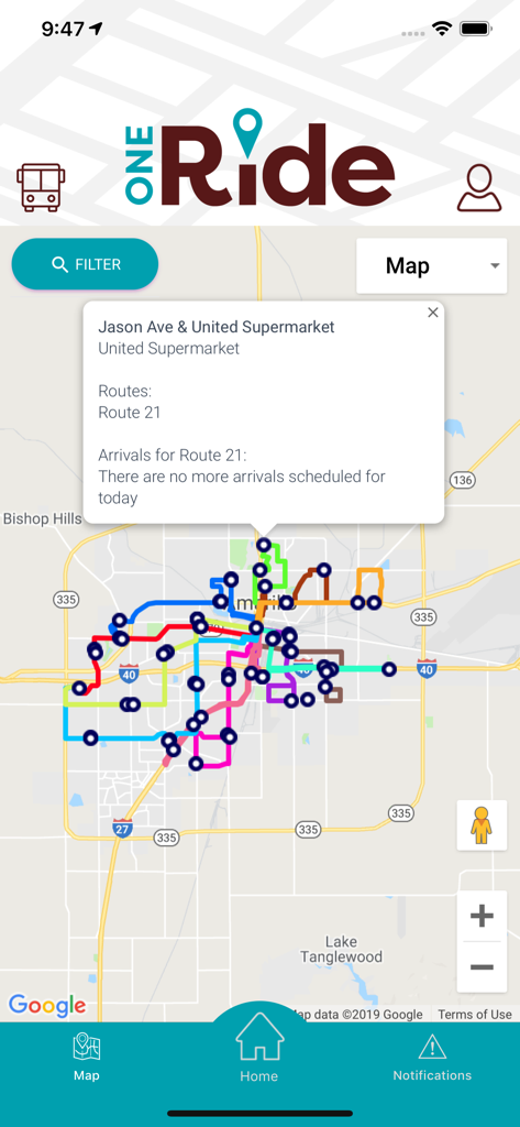 One Ride Now - The One Ride Now app interface showing a map of Amarillo City Transit routes and a bus stop information window.