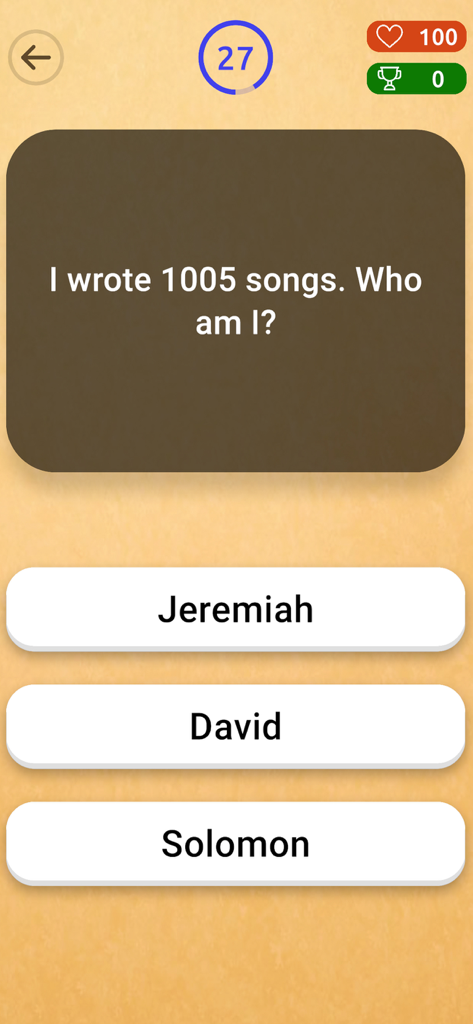 Who am I? (Biblical) - Ein biblischer Trivia-Spielbildschirm mit der Frage, wer 1005 Lieder geschrieben hat, mit den Multiple-Choice-Optionen Jeremia, David und Salomo