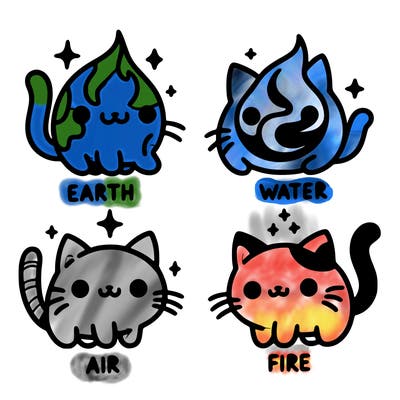 4 cats that represent the different elements, earth, water, air, and fire