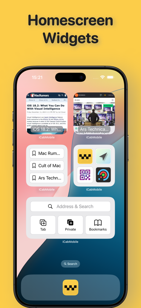 iCab Mobile (Web Browser) - Widgets de pantalla de inicio de iCab Mobile en un iPhone que muestran la barra de búsqueda, marcadores y vistas previas de sitios web