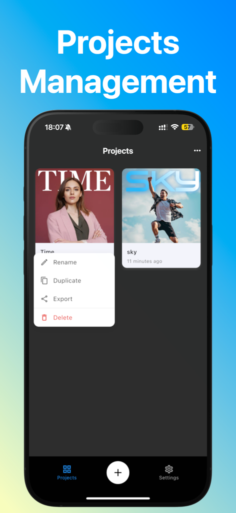 Background Text-AI Text Editor - Mobile Oberfläche der Hintergrund Text App, die eine Galerie von Fotodesign-Projekten und ein Verwaltungsmenü mit Umbenennen- und Exportoptionen zeigt