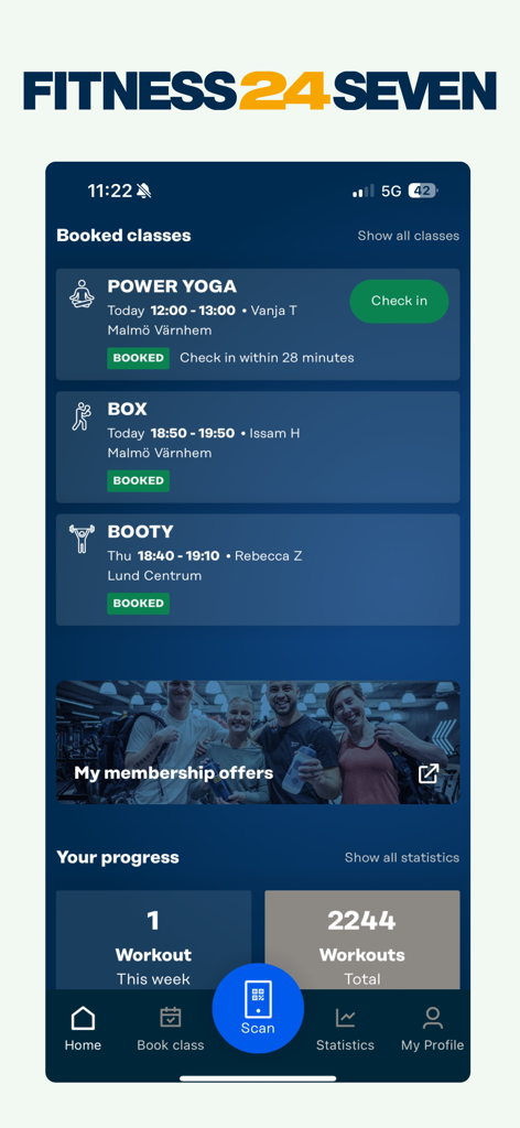 Fitness24Seven - Interface de l'application Fitness24Seven montrant les cours réservés et les statistiques d'entraînement