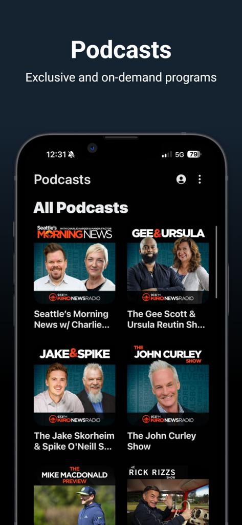 A screen from the KIRO Newsradio app showing a library of local Seattle talk show podcasts including Seattle Morning News and Gee and Ursula.