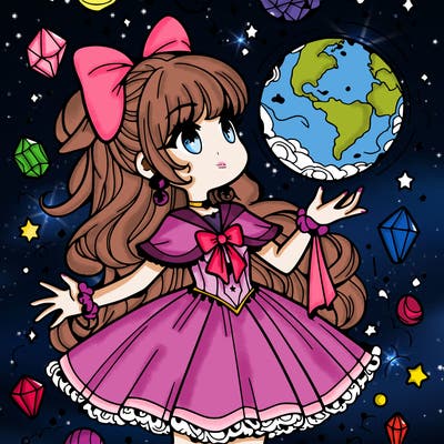 magical girl with floating orb in hand  crystals everywhere.