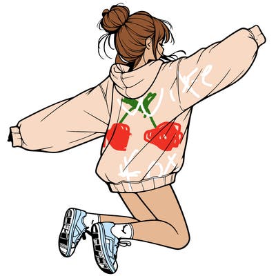 realistic girl jumping with a bun and oversized sweatshirt