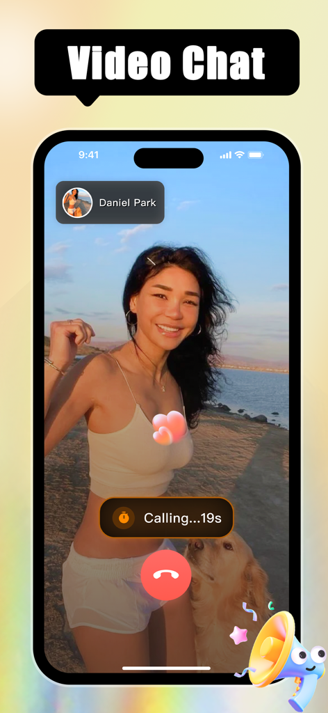 Kreamy-Share, Chat&Fun - A mobile interface of the Kreamy app showing a real-time video chat between users featuring a pet owner and her dog.