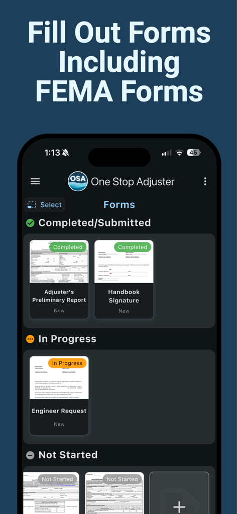 Mobile app interface of One Stop Adjuster showing digital FEMA insurance forms categorized by completion status