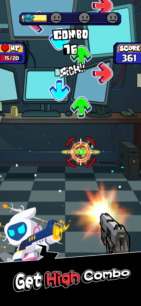 Beat Gun - Gameplay of Beat Gun showing shooting mechanics with music arrows and a high combo score