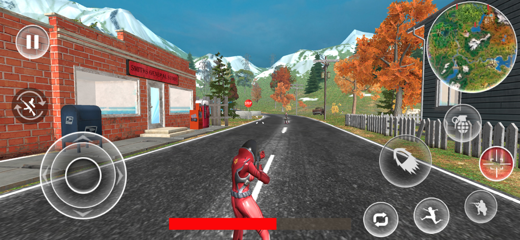 Fight Fort Epic Battle Royale - A third person shooter gameplay scene from Fight Fort Epic Battle Royale featuring a character in a red suit on a road