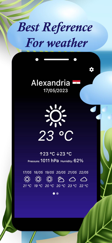Weather app interface showing 23 degrees Celsius and 7 day forecast for Alexandria Egypt