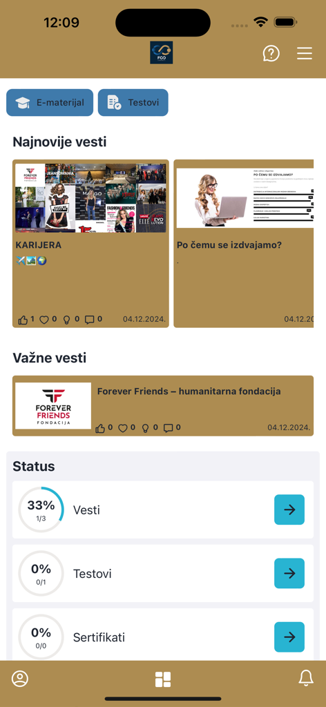 Dashboard of FCO Connect app showing company news and training progress status