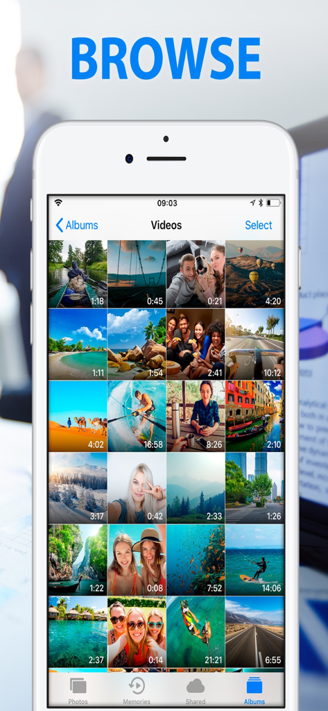 Pantalla de iPhone mostrando una interfaz de galería de videos para seleccionar archivos a convertir