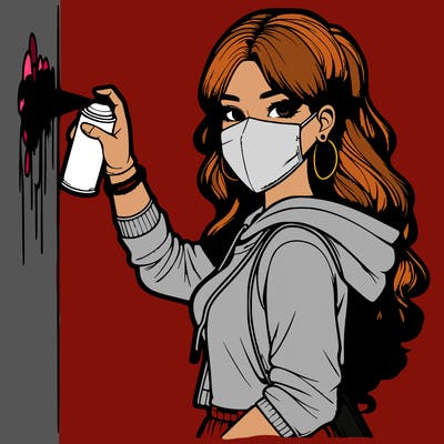 realistic girl with mask spray painting a wall