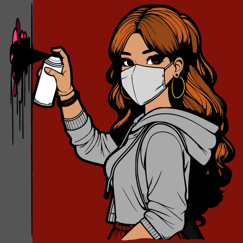 realistic girl with mask spray painting a wall