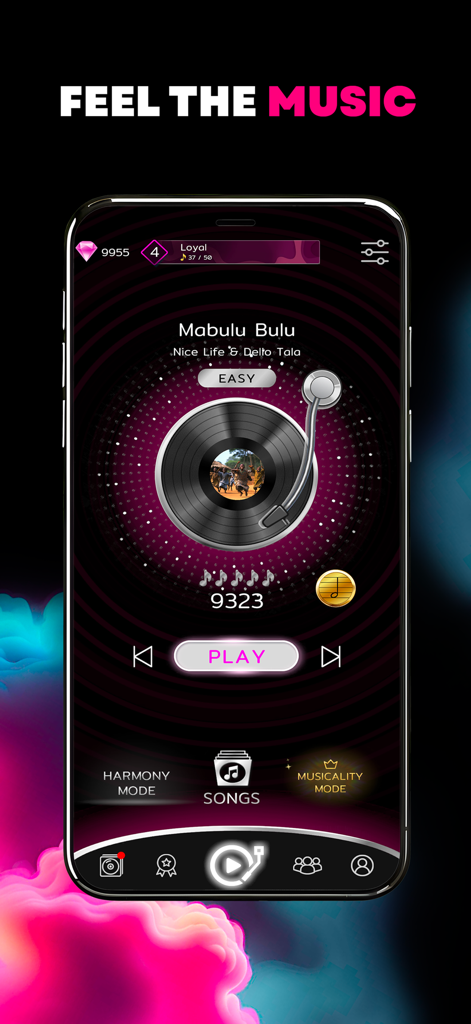 Musicality Beats - Interface do jogo de ritmo Musicality Beats com design de toca-discos de vinil e botão de play.