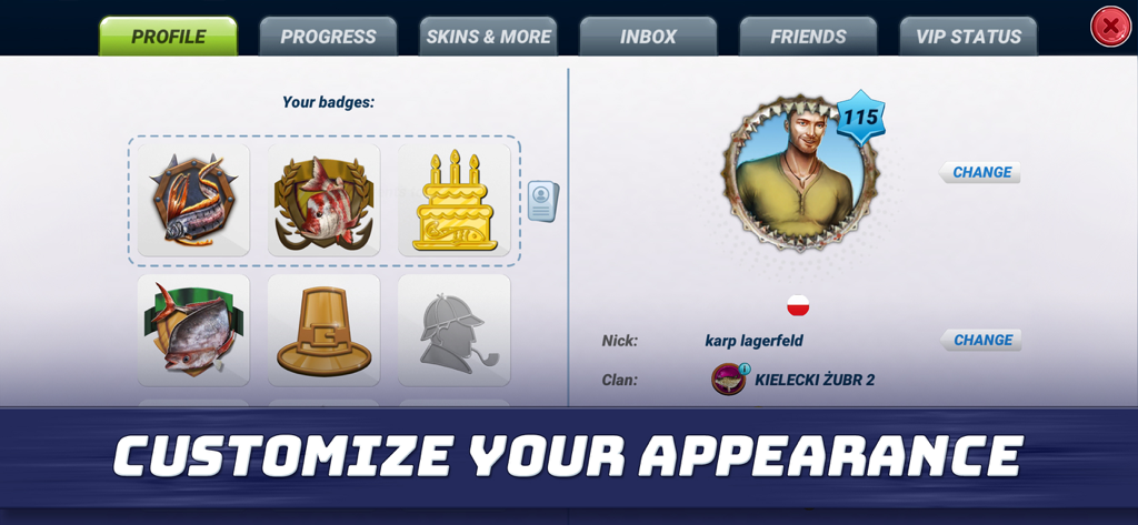 User profile and badge customization screen in Fishing Clash sport simulator app