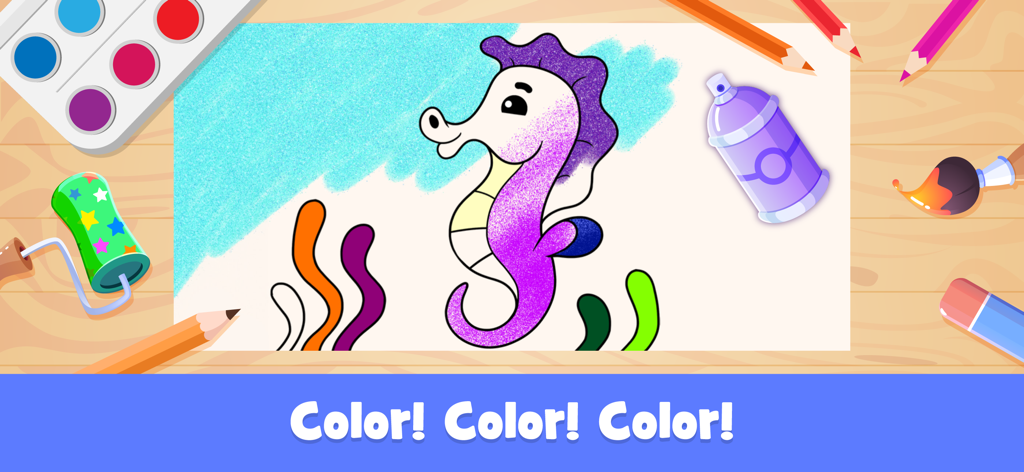 Coloring Pages: for Kids - Digital coloring book interface showing a seahorse being painted with spray tools and crayons
