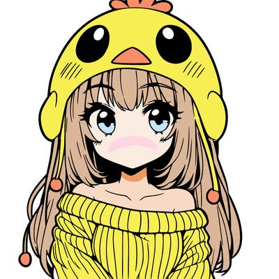 anime girl with chick shaped hat with sweater with bare shoulders with bangs covering them one eye with low tail