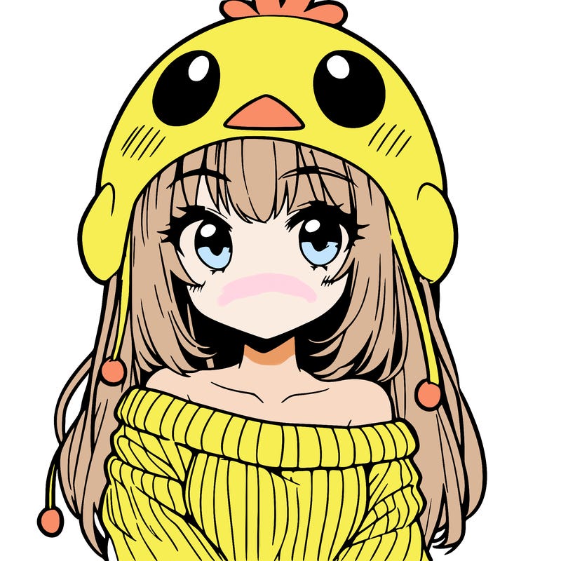 anime girl with chick shaped hat with sweater with bare shoulders with bangs covering them one eye with low tail