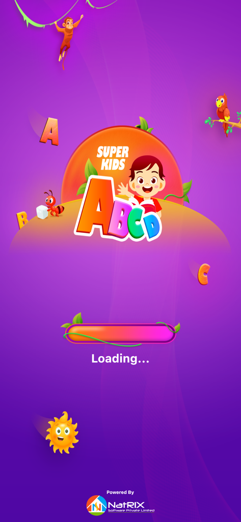 Super Kids App - Pantalla de carga de Super Kids App con un niño de dibujos animados y letras coloridas del alfabeto