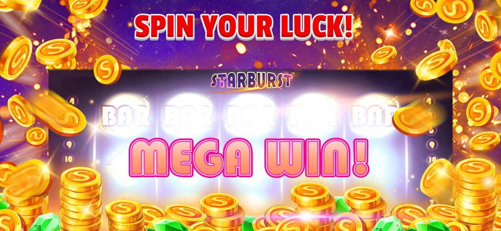 Interfaz de máquina tragaperras que muestra un Mega Win con monedas de oro y la marca del juego Starburst