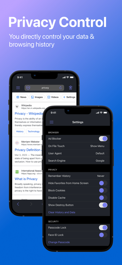 Private Browser Deluxe - Screenshot of Private Browser Deluxe showing privacy control settings and search interface on iPhone