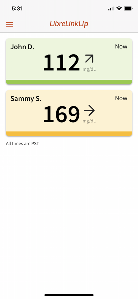 Real-time glucose readings for two people on the LibreLinkUp app