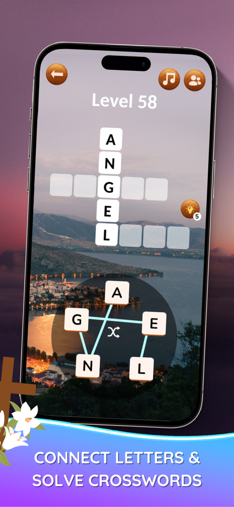 Bible Word Games: Puzzles App - Uma interface de jogo de quebra-cabeça de palavras mostrando a palavra ANJO contra um sereno fundo de lago ao pôr do sol.