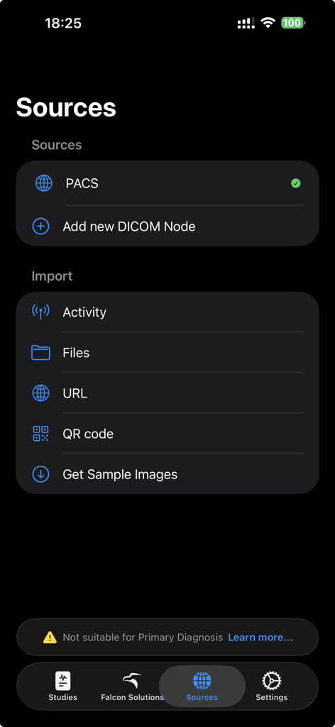 Falcon Mx - Falcon Mx app screen showing data source options including PACS and DICOM node import