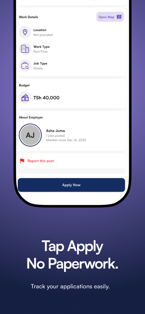 Pantalla de la aplicación Daywaka que muestra los detalles del trabajo y un botón de Solicitar Ahora con un solo toque para una contratación fácil.